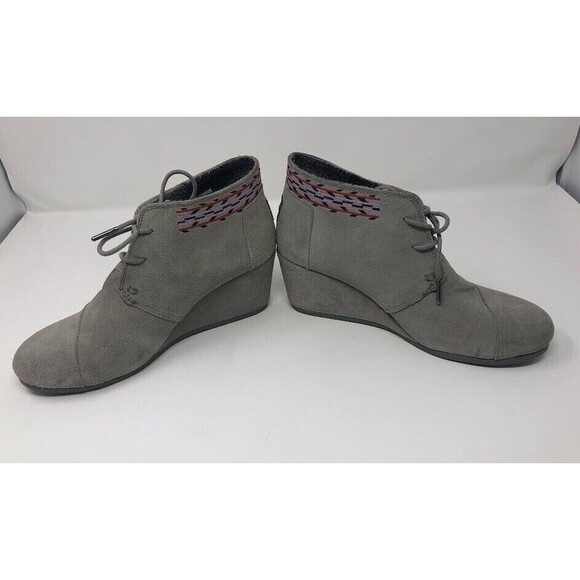 Toms Kala Lace Up Wedge Booties Grey Women Size 10 Aztec Leather Suede Boots - Picture 7 of 8